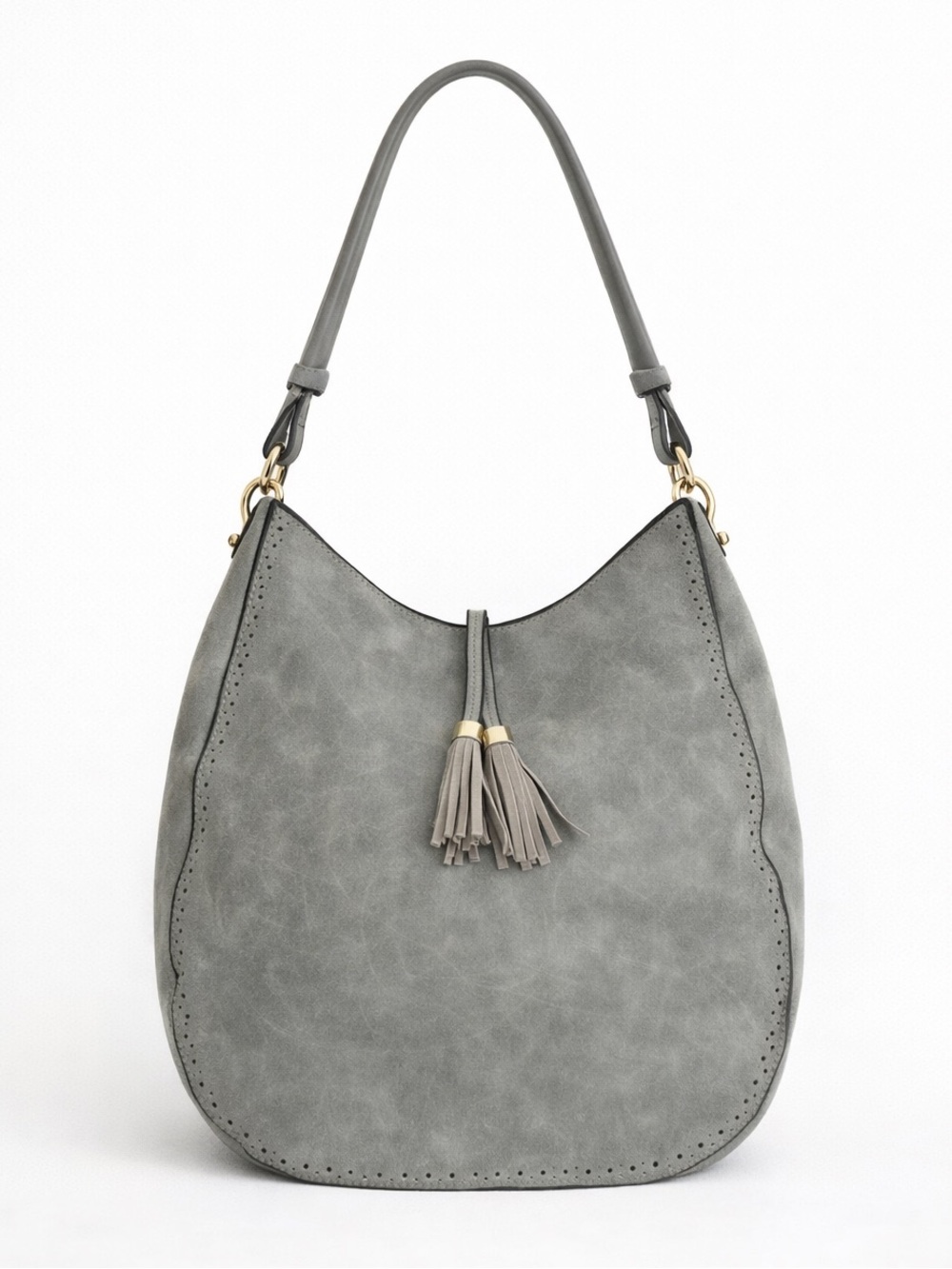 Gray Faux Leather Shoulder Bag with Tassel Detail Gold Hardware NWT